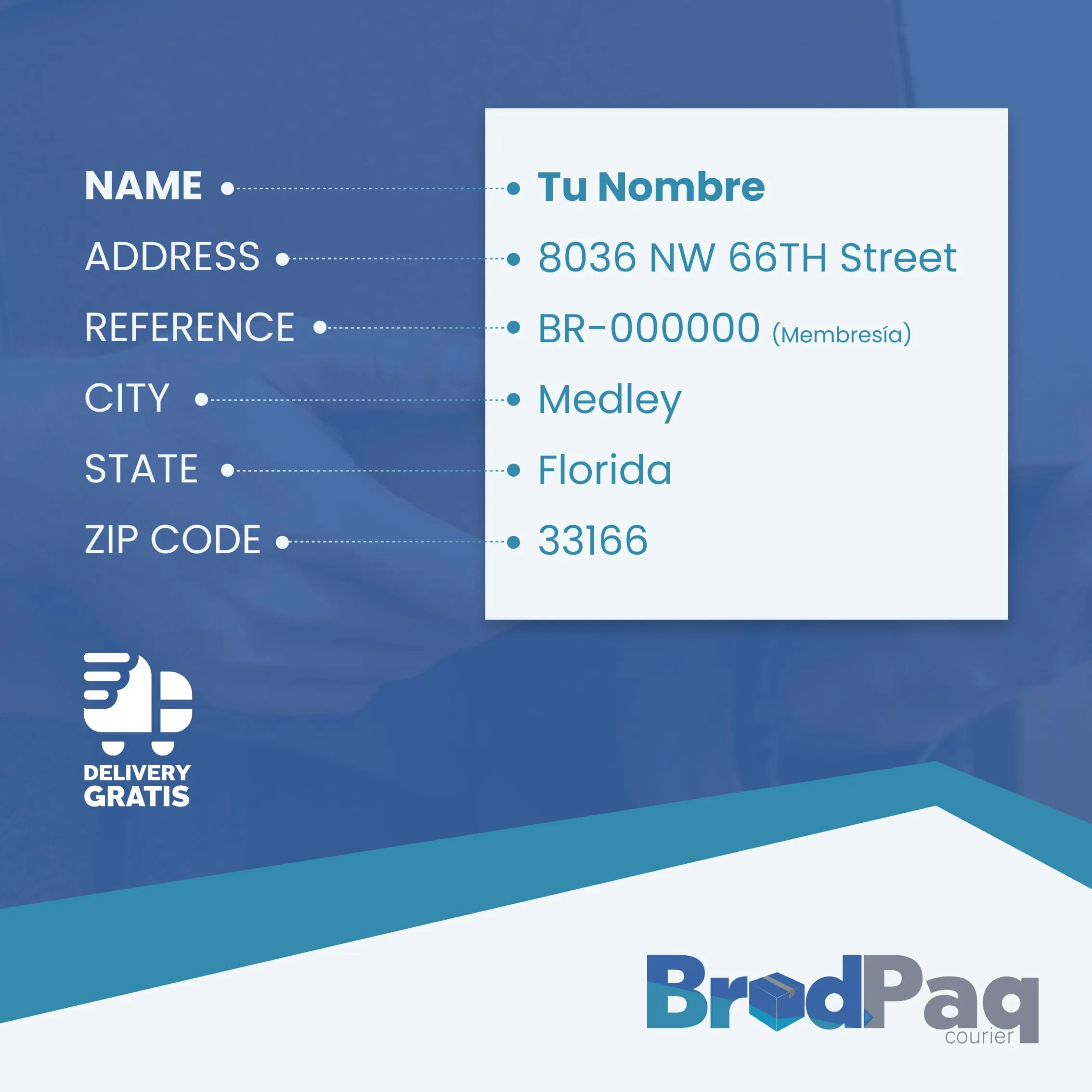 Copia tu direccion de brodpaq en Miami