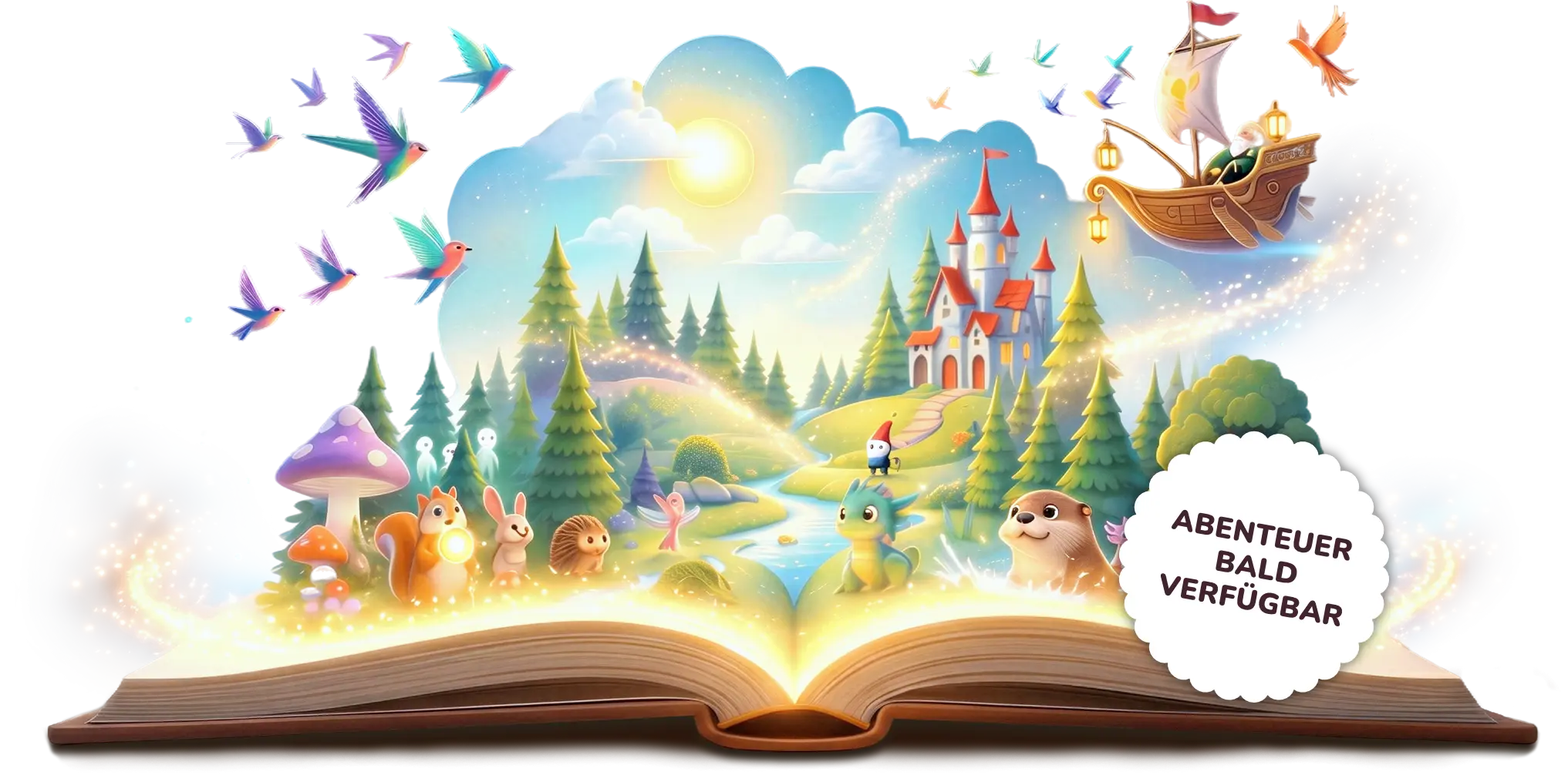 Aufgeschlagenes Buch mit einer zauberhaften Landschaft mit Tieren, Schloss, fliegendem Schiff und Vögeln. Darauf ein Infotext: Abenteuer bald verfügbar