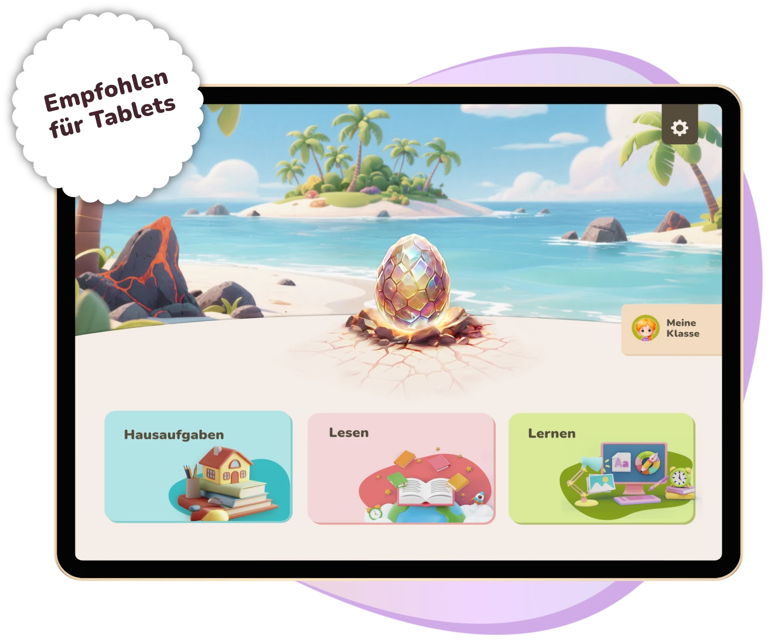 Tablet-Bildschirm zeigt Lern-App mit Insel, Ei und Bereichen Hausaufgaben, Lesen, Lernen.