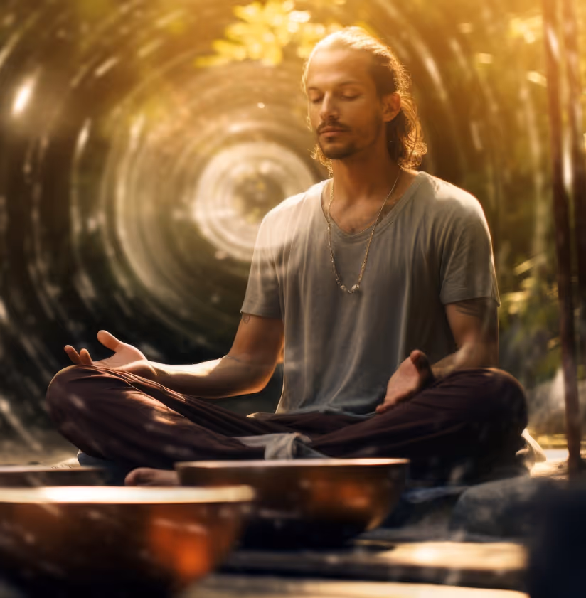 Man sitting in meditation with sound bowls around him, surrounded by warm swirling light.