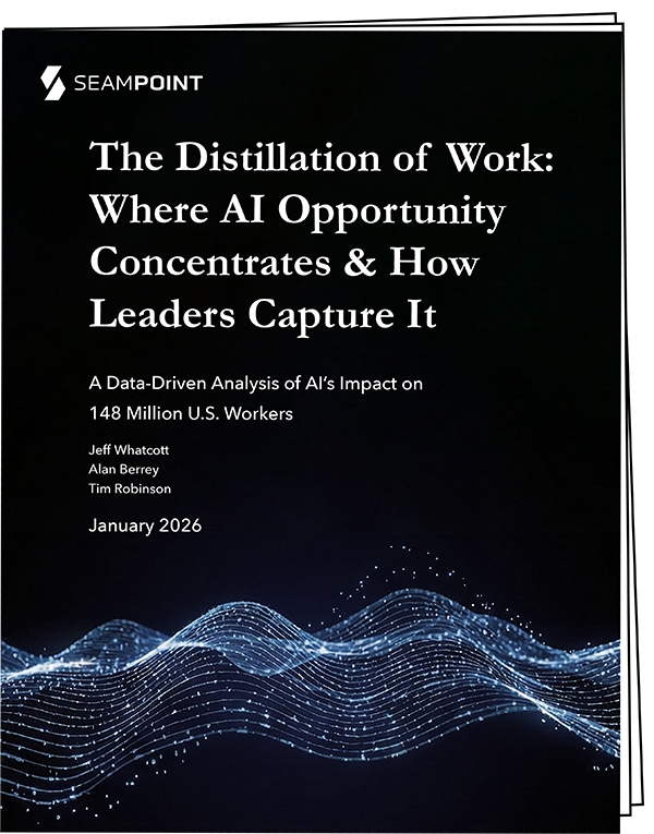 Cover page titled 'The Distillation of Work: Where AI Opportunity Concentrates & How Leaders Capture It' with a data-driven analysis subtitle and abstract wave pattern on a dark background.