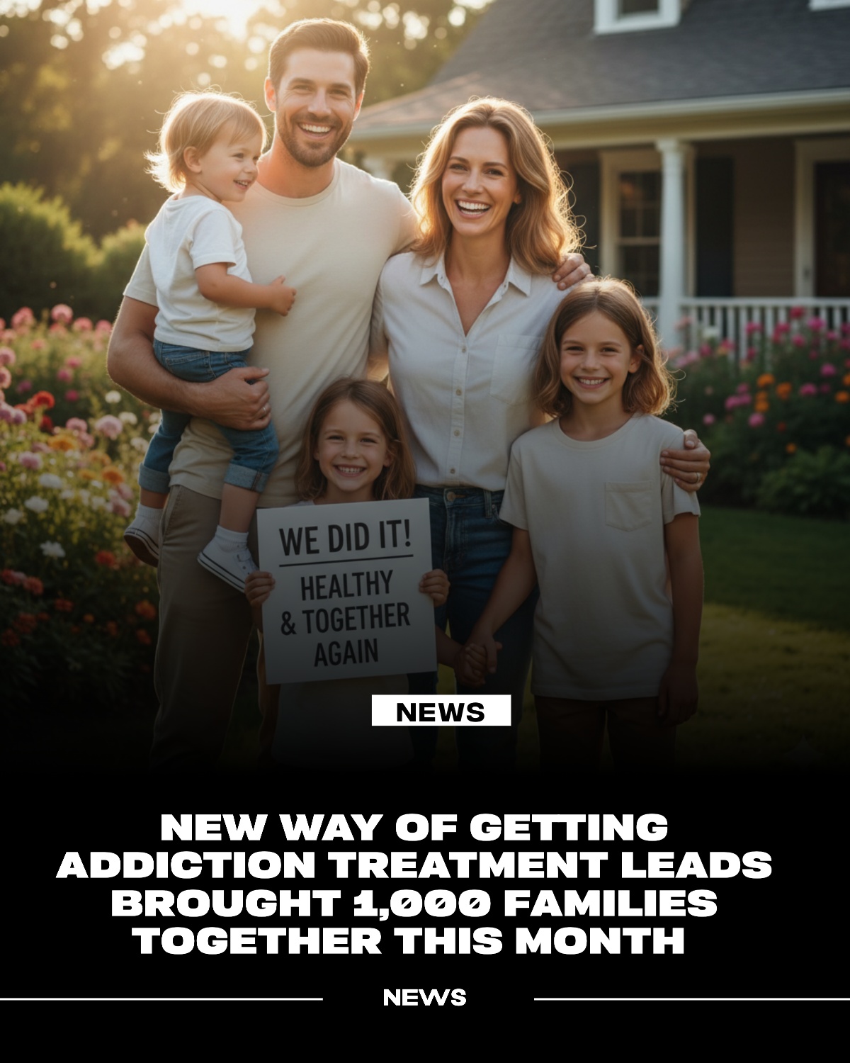 Happy family celebrates recovery with "We Did It!" sign in garden