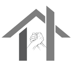 Two hands clasped together forming a house-like geometric logo symbol