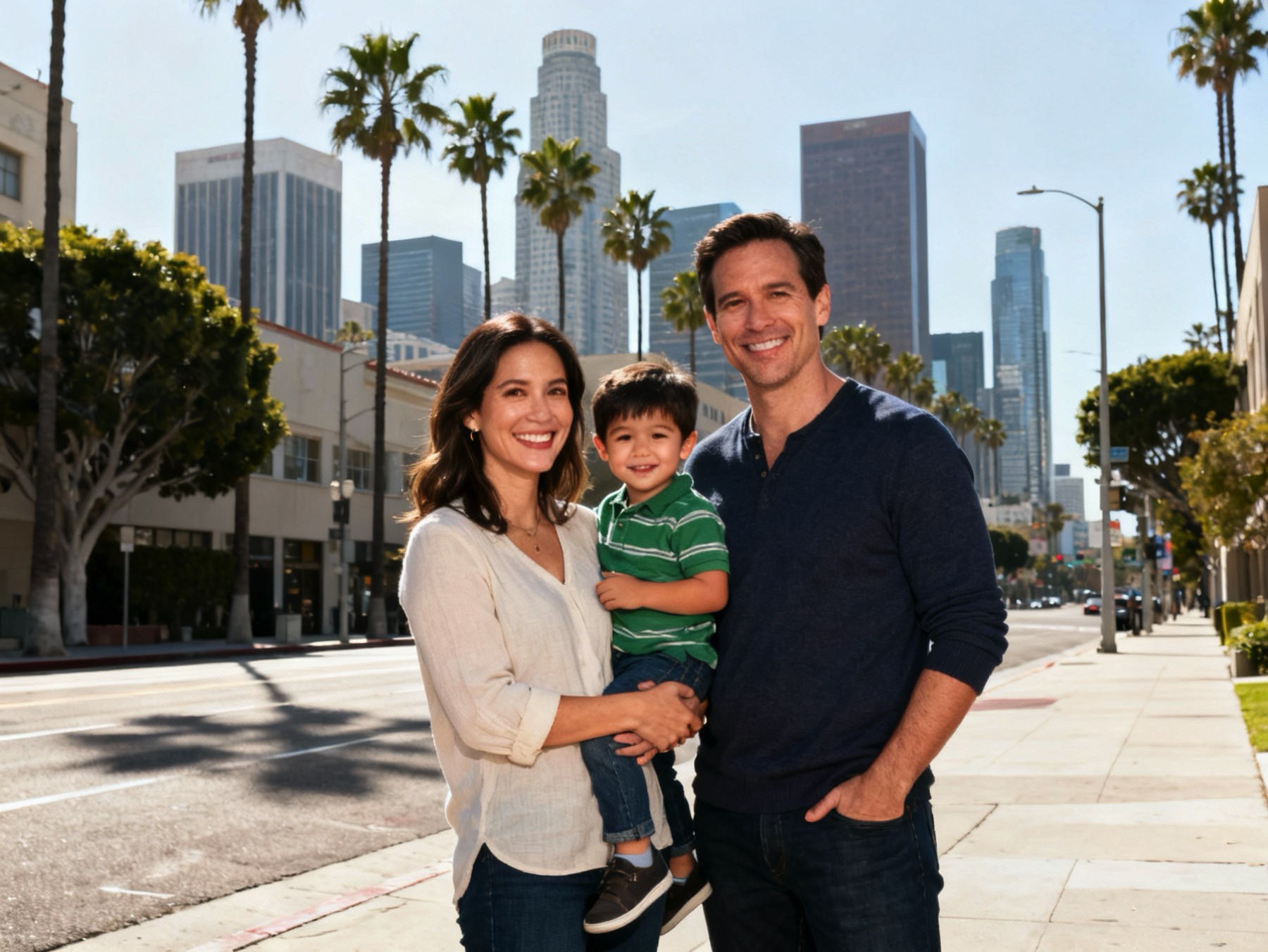Family of three smiling on Los Angeles street with downtown skyscrapers