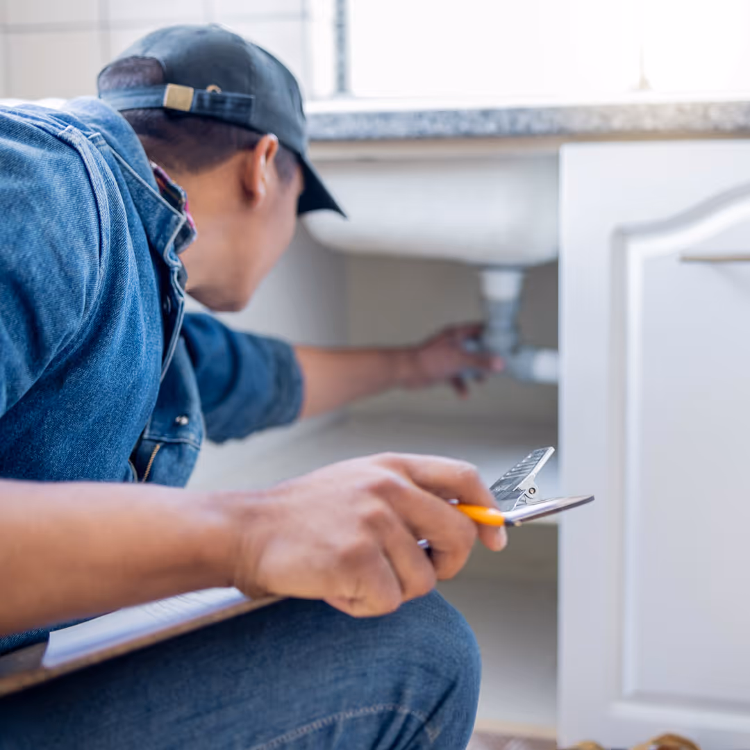 Plumber wearing a denim jacket and cap inspecting pipes under a kitchen sink while holding a clipboard.