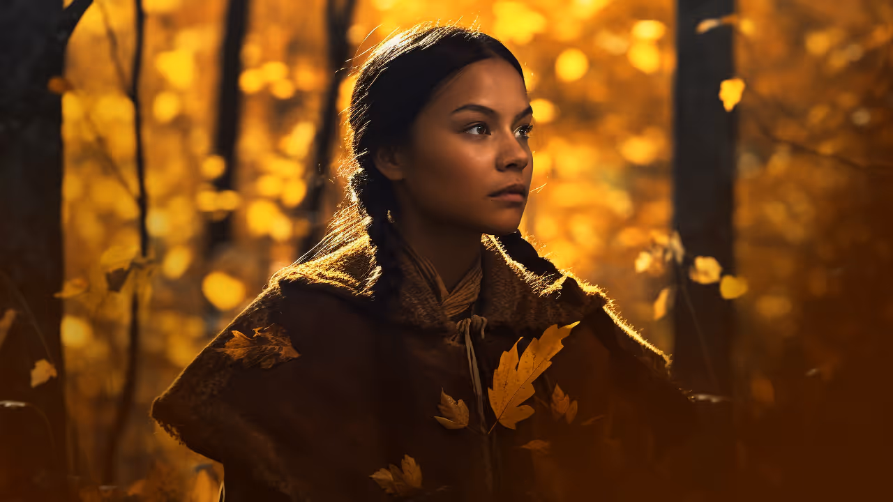 Illustration of St. Kateri Tekakwitha in a wooded background