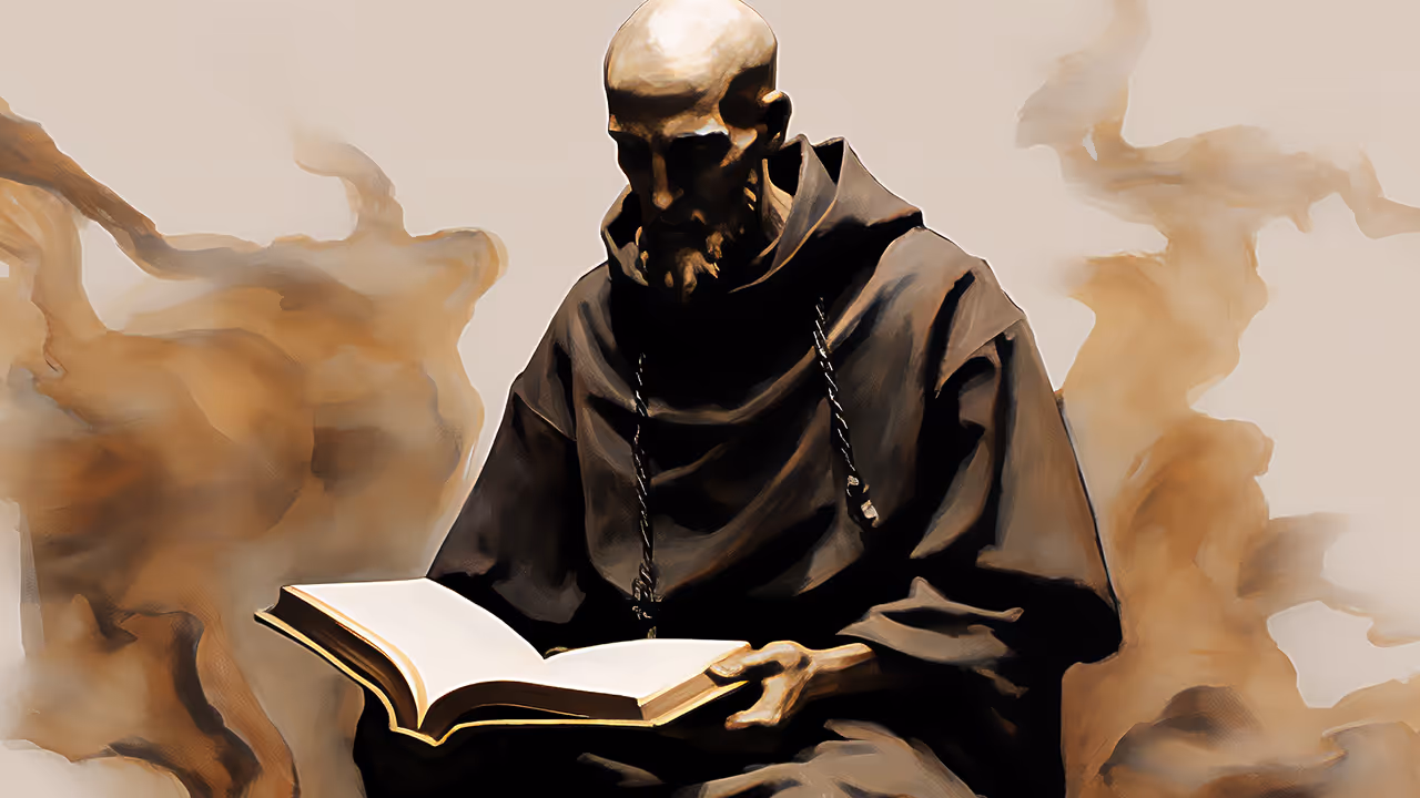 Monochrome watercolor-style illustration of St. Bonaventure reading an open book