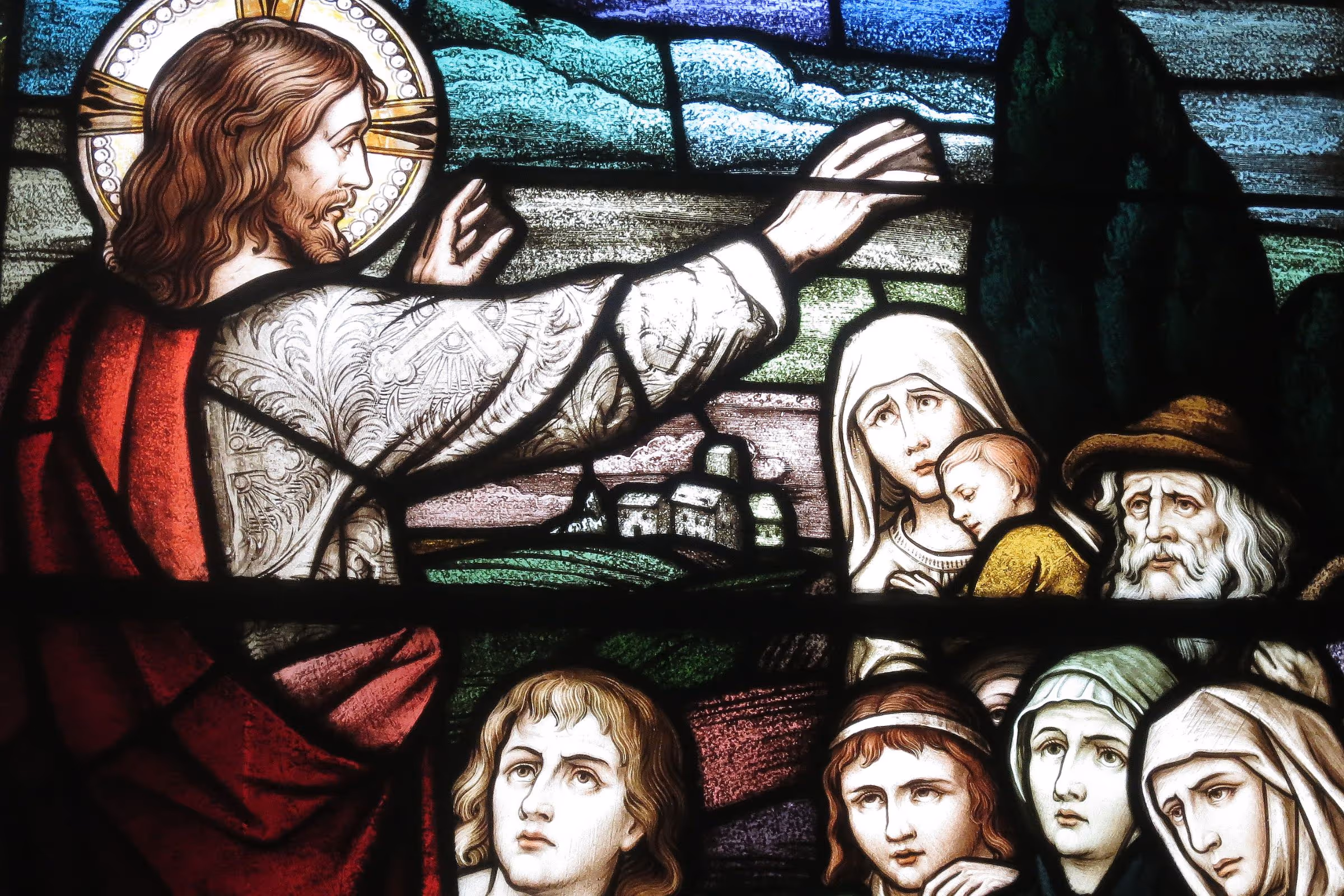 Jesus Zealous for Souls stained glass window from Sorrowful Mother Shrine Chapel (detail)