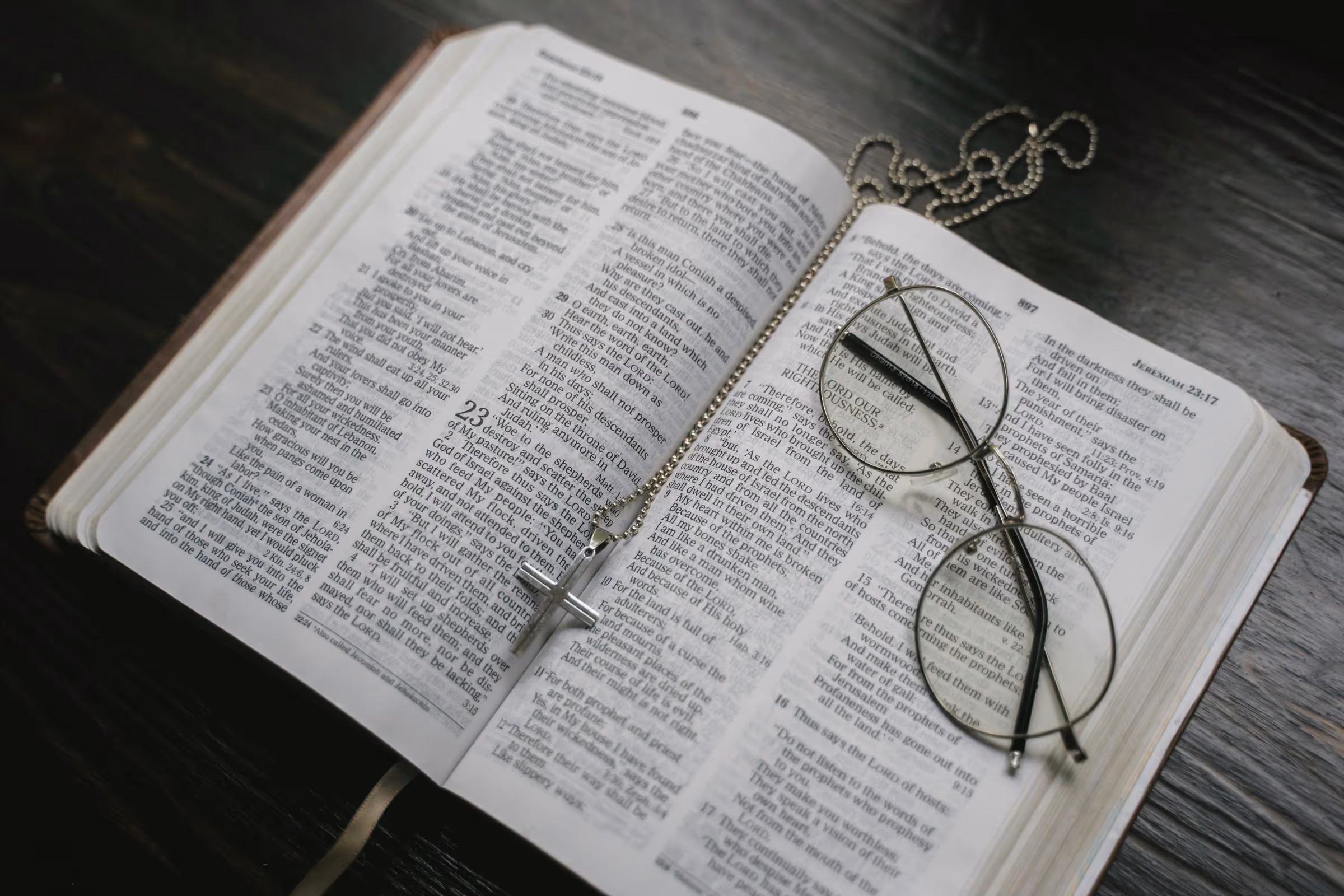 Open Bible with Rosary and a pair of reading glasses