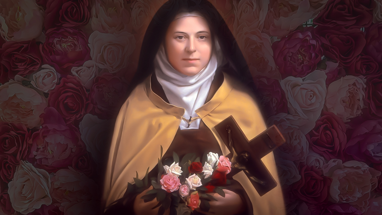 Illustration of St. Therese of Lisieux holding a crucifix and roses