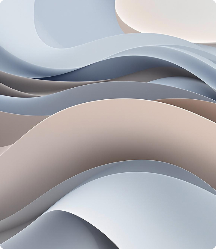 Abstract smooth layered waves in soft shades of blue, gray, and beige.