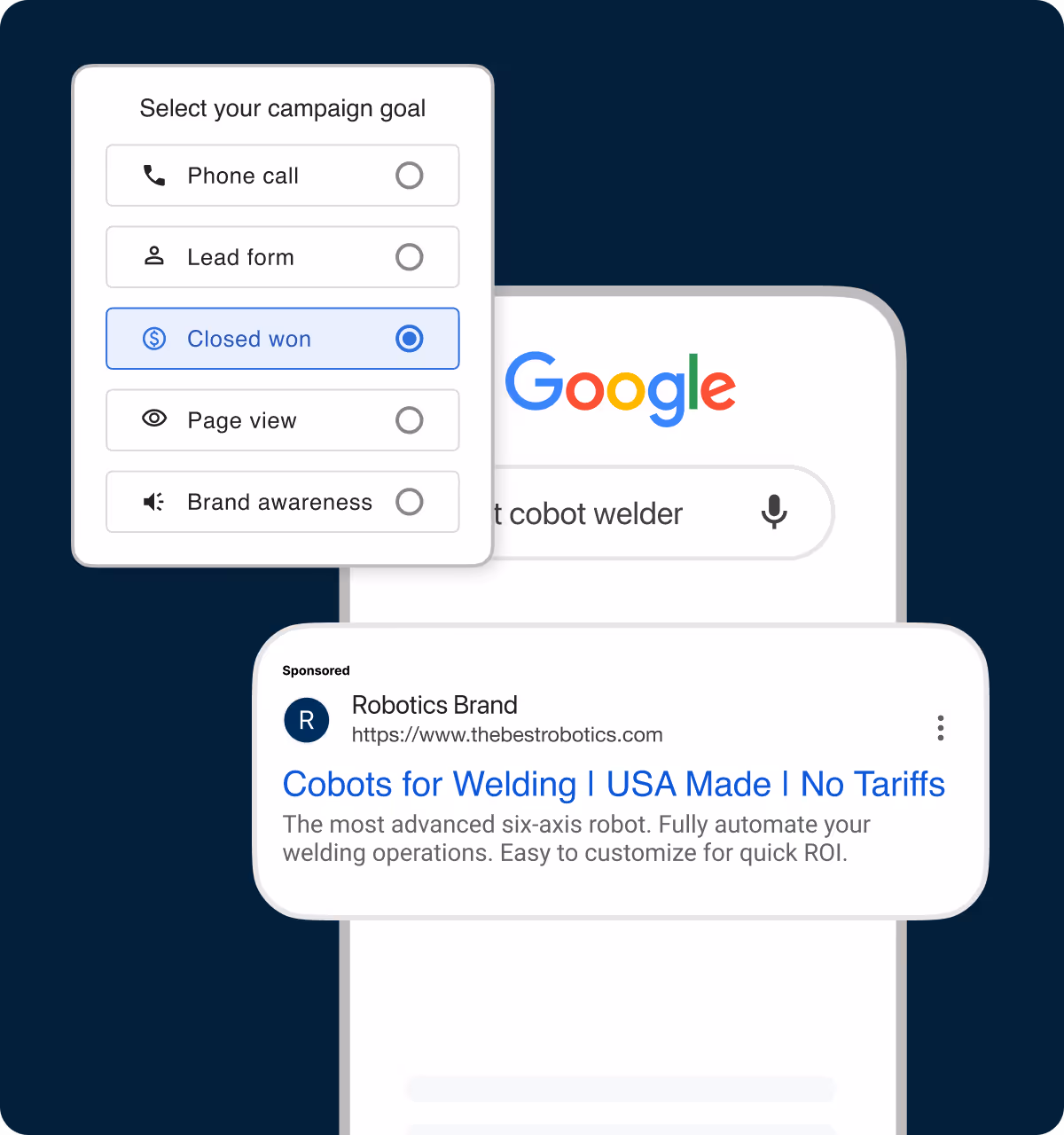 Google search for cobot welder with an ad from Robotics Brand highlighting USA-made welding cobots with no tariffs and an advanced six-axis robot.