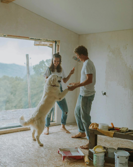 Smiling couple standing barefoot in an unfinished room with paint supplies, playing with a large white dog balancing on its hind legs.