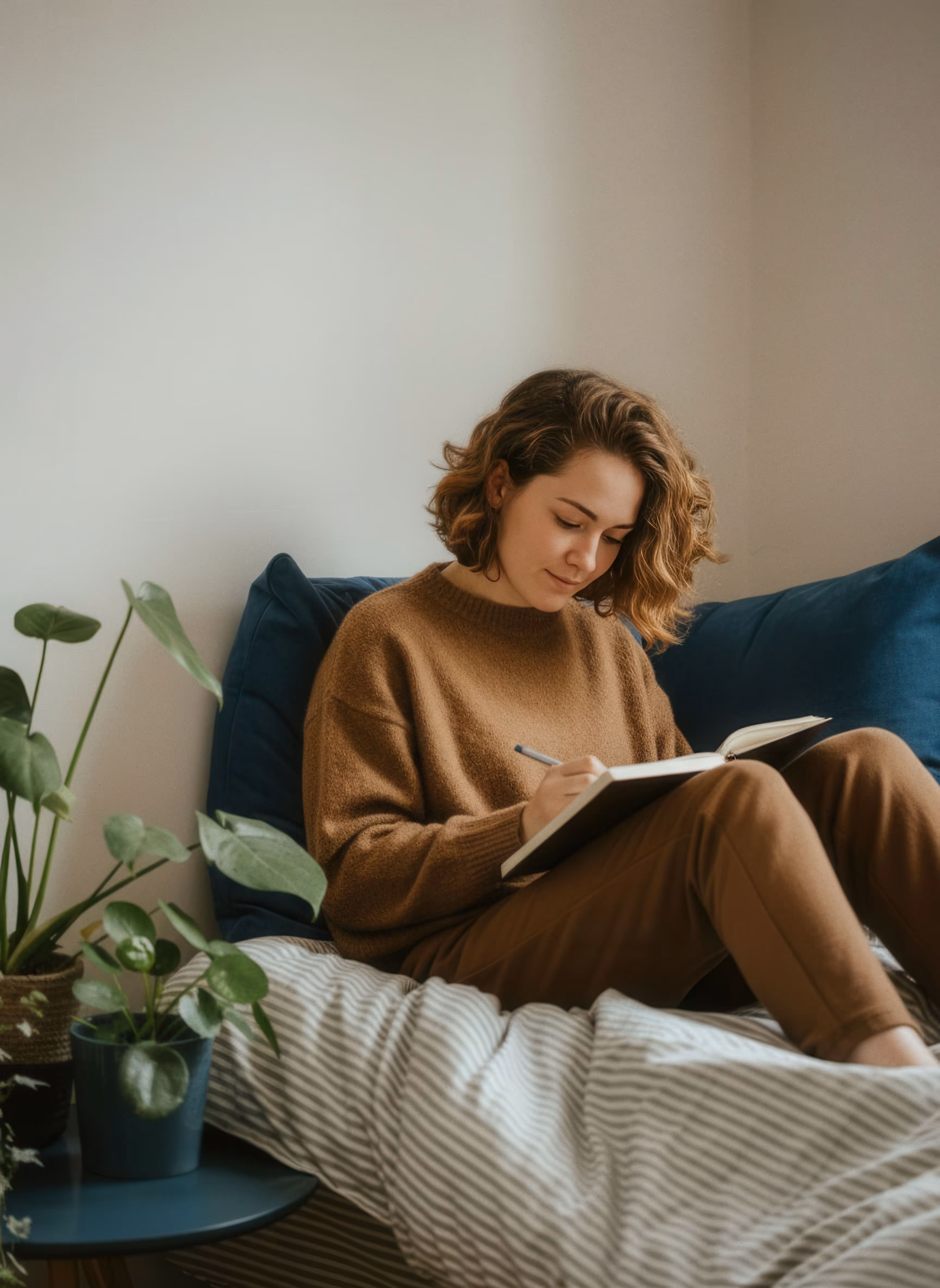 Woman in brown sweater and pants sitting on bed with blue cushions, writing in a notebook next to green potted plants.