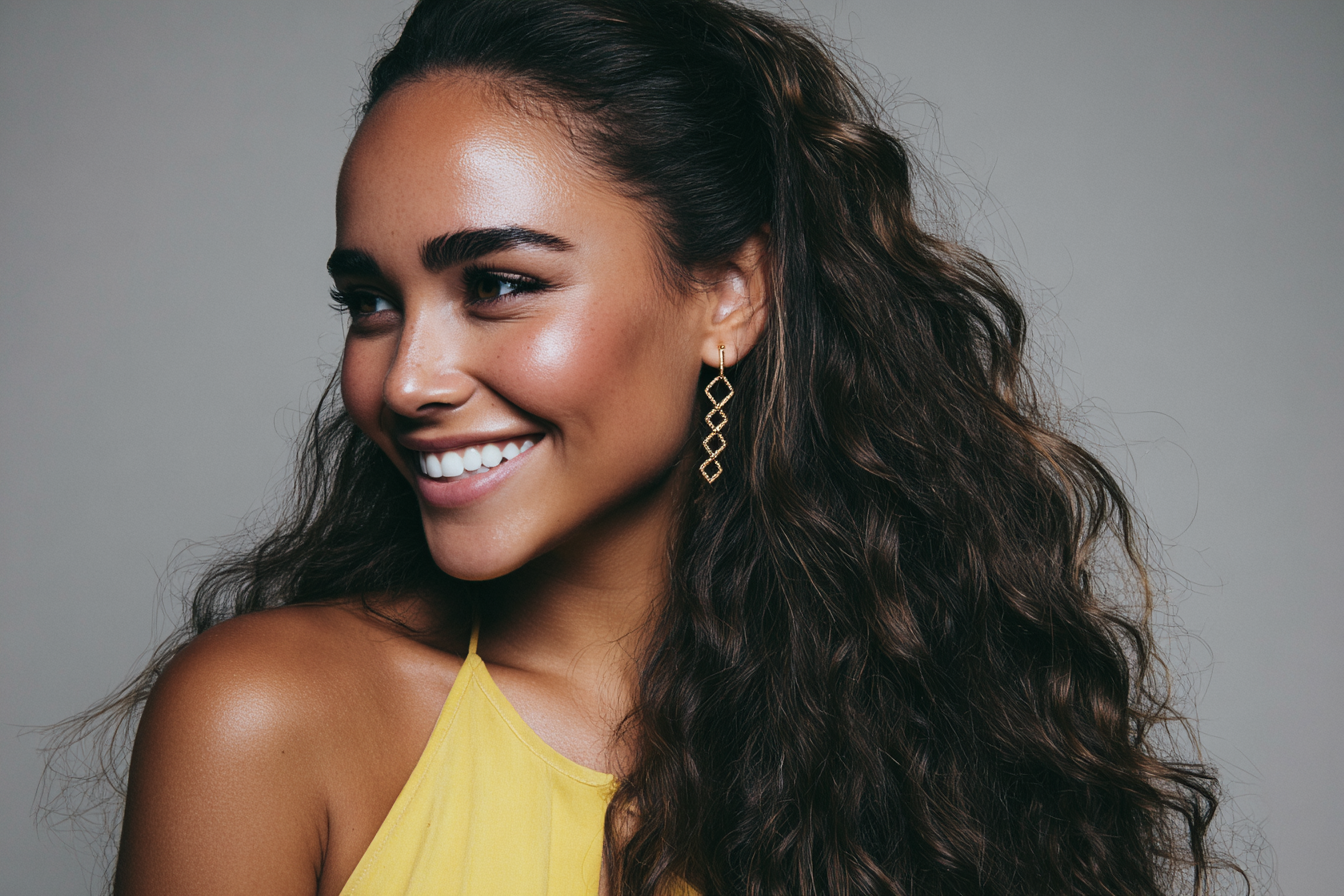 Smiling client with long wavy hair
