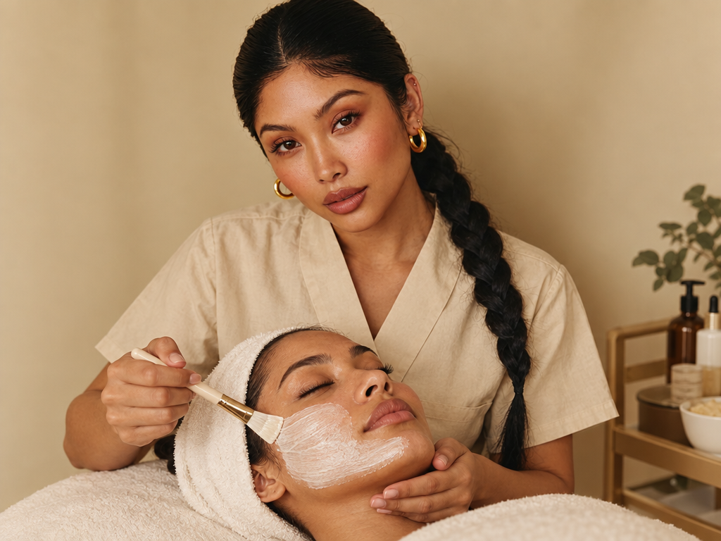 Esthetician applying a facial mask to a relaxed client