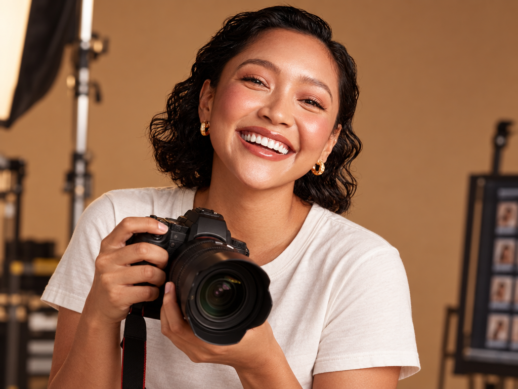Photographer smiling in a studio with camera in hand