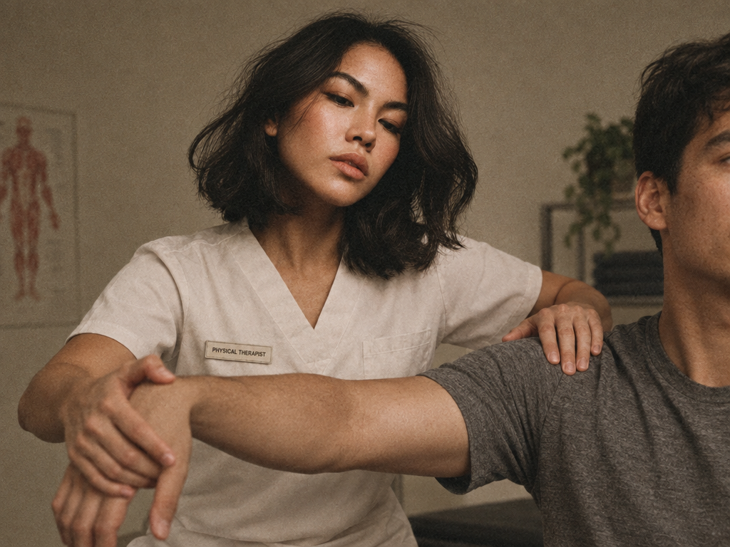 Physical therapist guiding a client's shoulder stretch