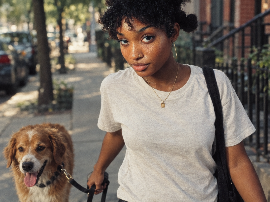 Dog walker on a city sidewalk with a happy dog