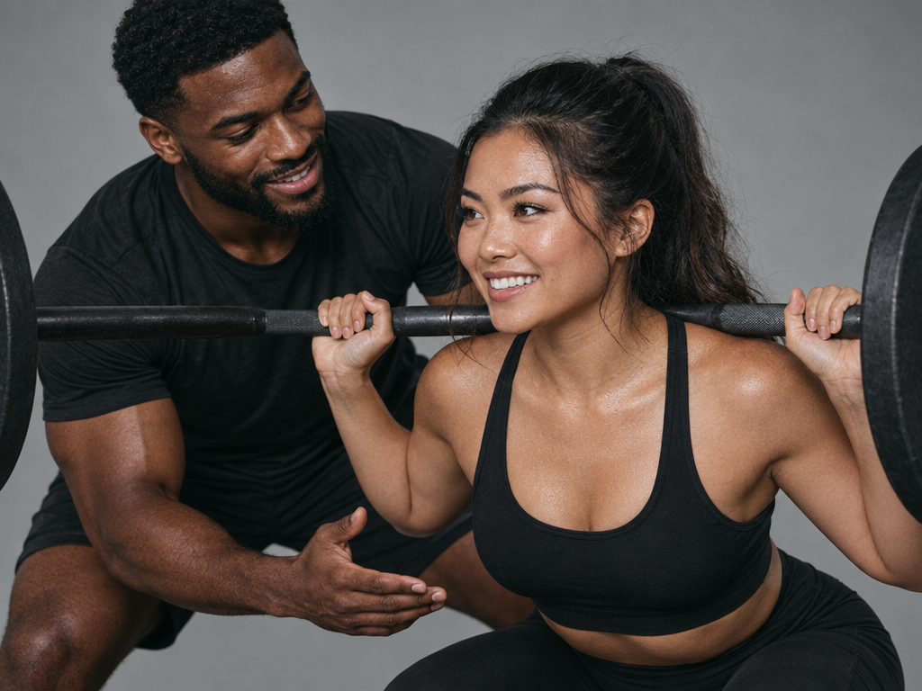 Personal trainer coaching a client through a barbell squat
