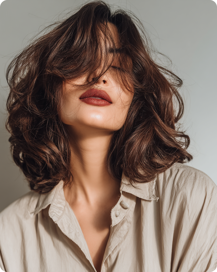 Portrait of woman with medium-length wavy brown hair partially covering her face, wearing a beige button-up shirt, with dark red lipstick and a neutral background.