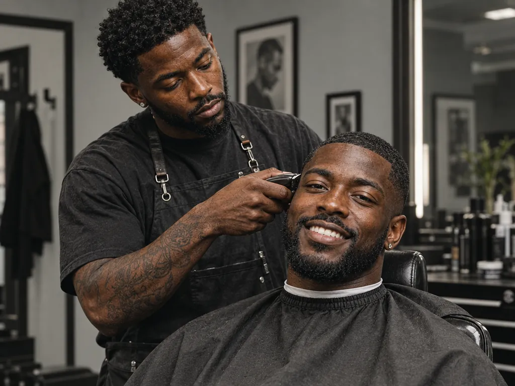 Barber finishing a fade on a smiling client
