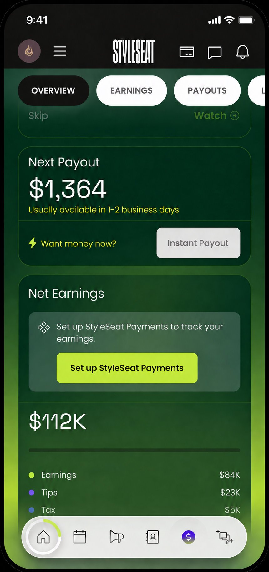 StyleSeat payouts and net earnings screen