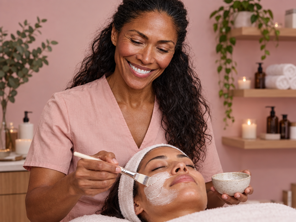Smiling esthetician wearing a pink uniform applies a white facial mask with a brush to a relaxed woman lying down with a white headband, in a softly lit spa room with candles and plants in the background.