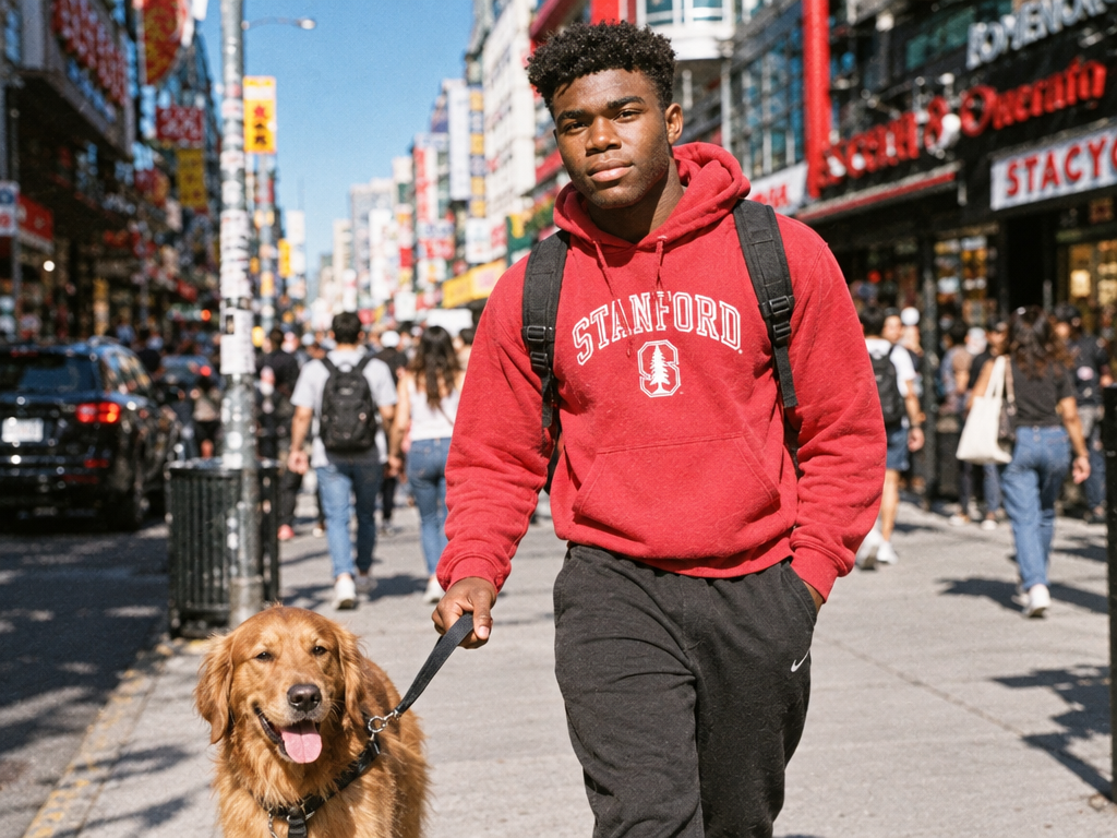 Dog walker on a city sidewalk