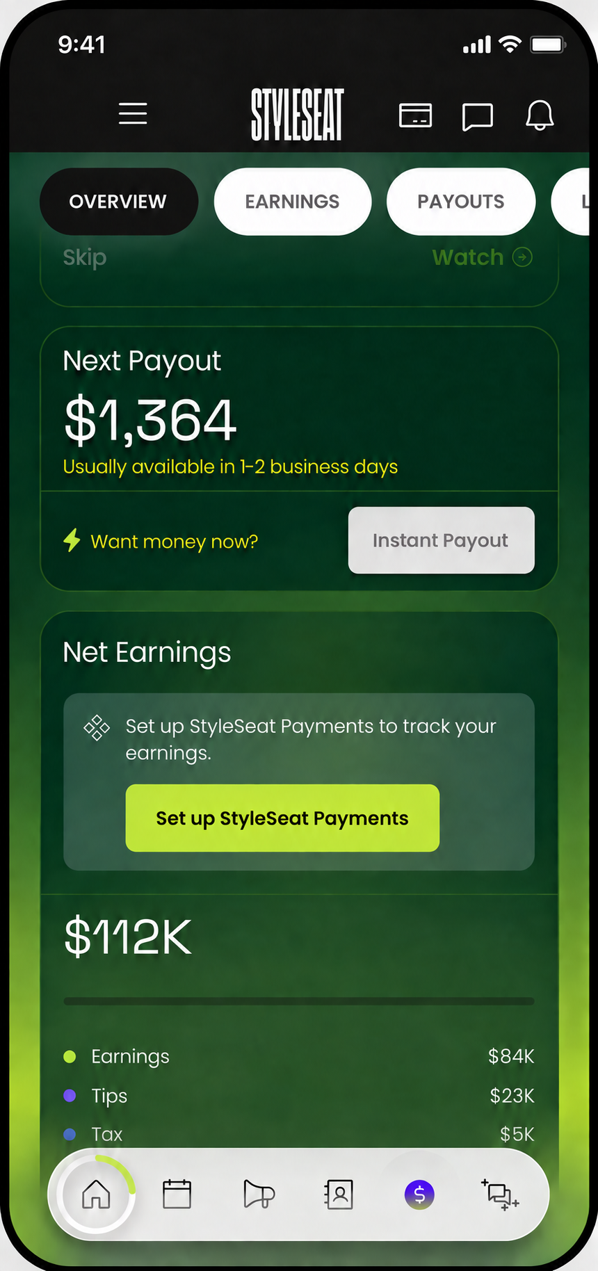 StyleSeat app: net earnings