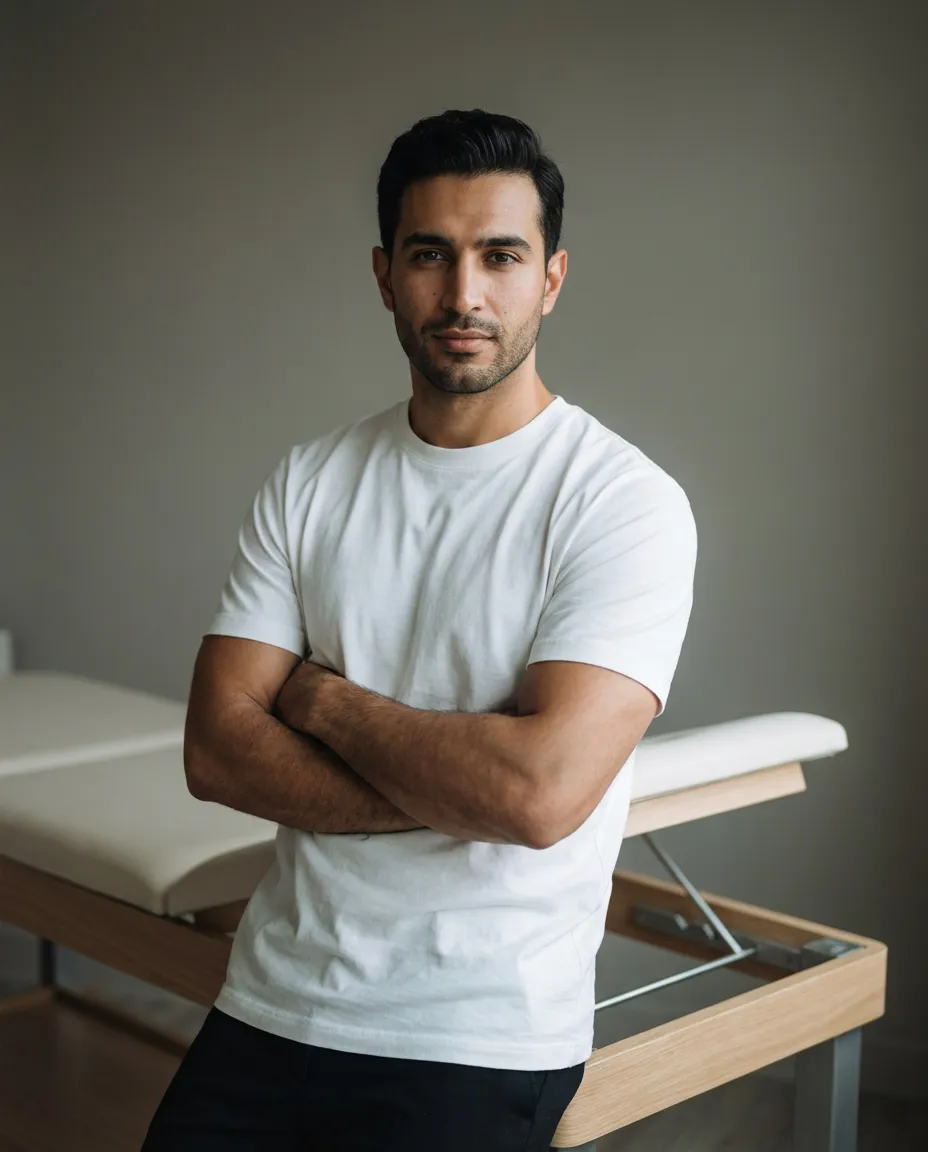 Massage therapist beside a treatment table
