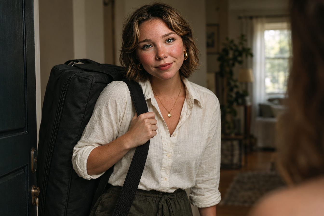 Mobile massage therapist arriving at a client's home with her table bag