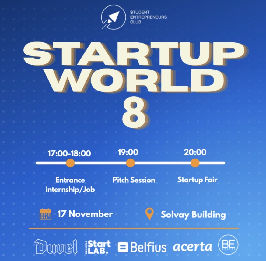 Annonce événement Startup World 8 avec un programme de 17h à 20h : entrée stage/emploi, session pitch à 19h, foire de startups à 20h, le 17 novembre au Solvay Building, avec les logos de Duvel, Start Lab, Belfius, Acerta et BE Solvay.