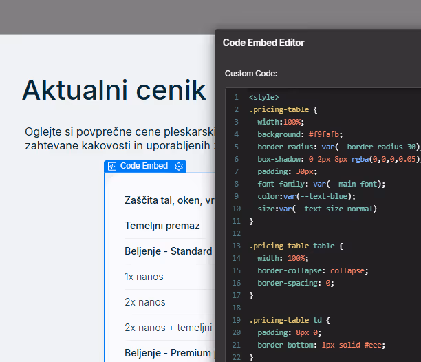 Koda CSS urejevalnika prikazuje slog za tabelo s cenikom na spletnem mestu v slovenščini.