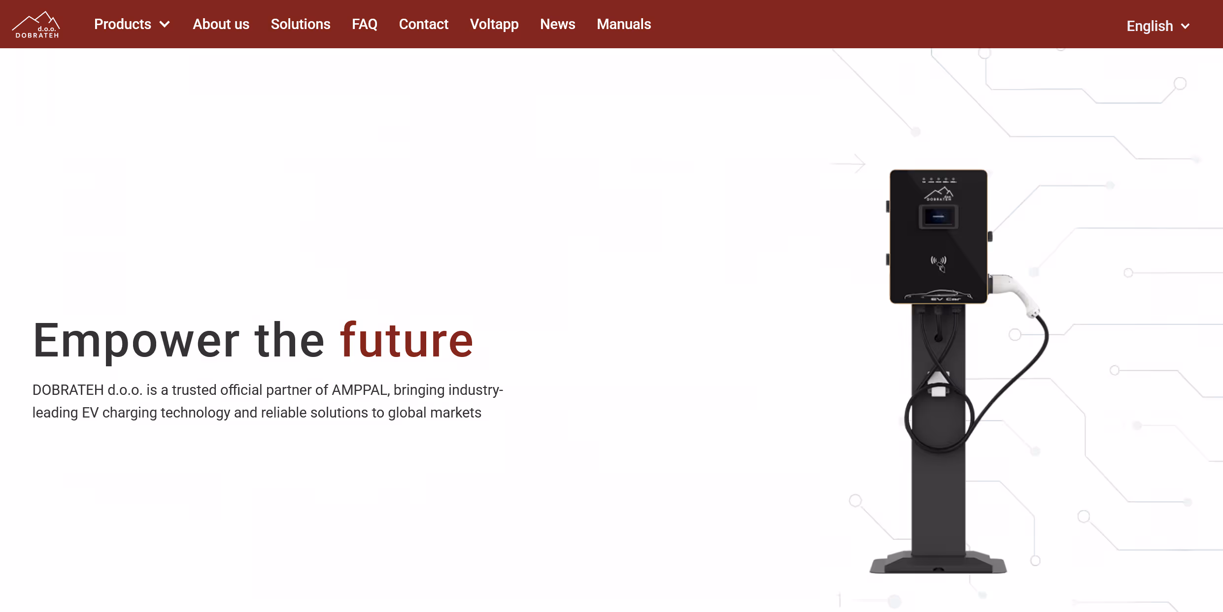 Prikazuje sliko spletne strani Dobrateh. Spletan stran ima moderni design in svetle barve