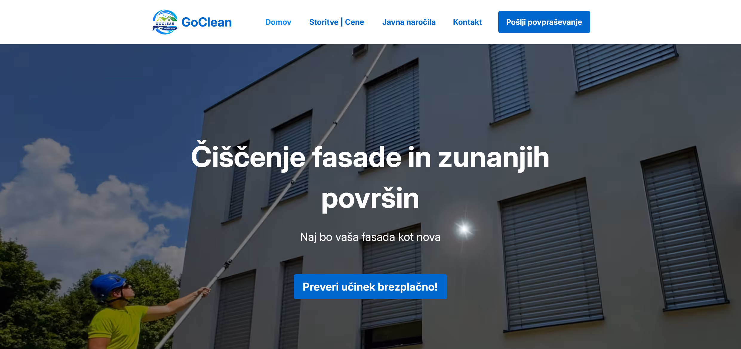 Prikazuje sliko spletne strani GoClean. Spletan stran ima moderni design in svetle barve
