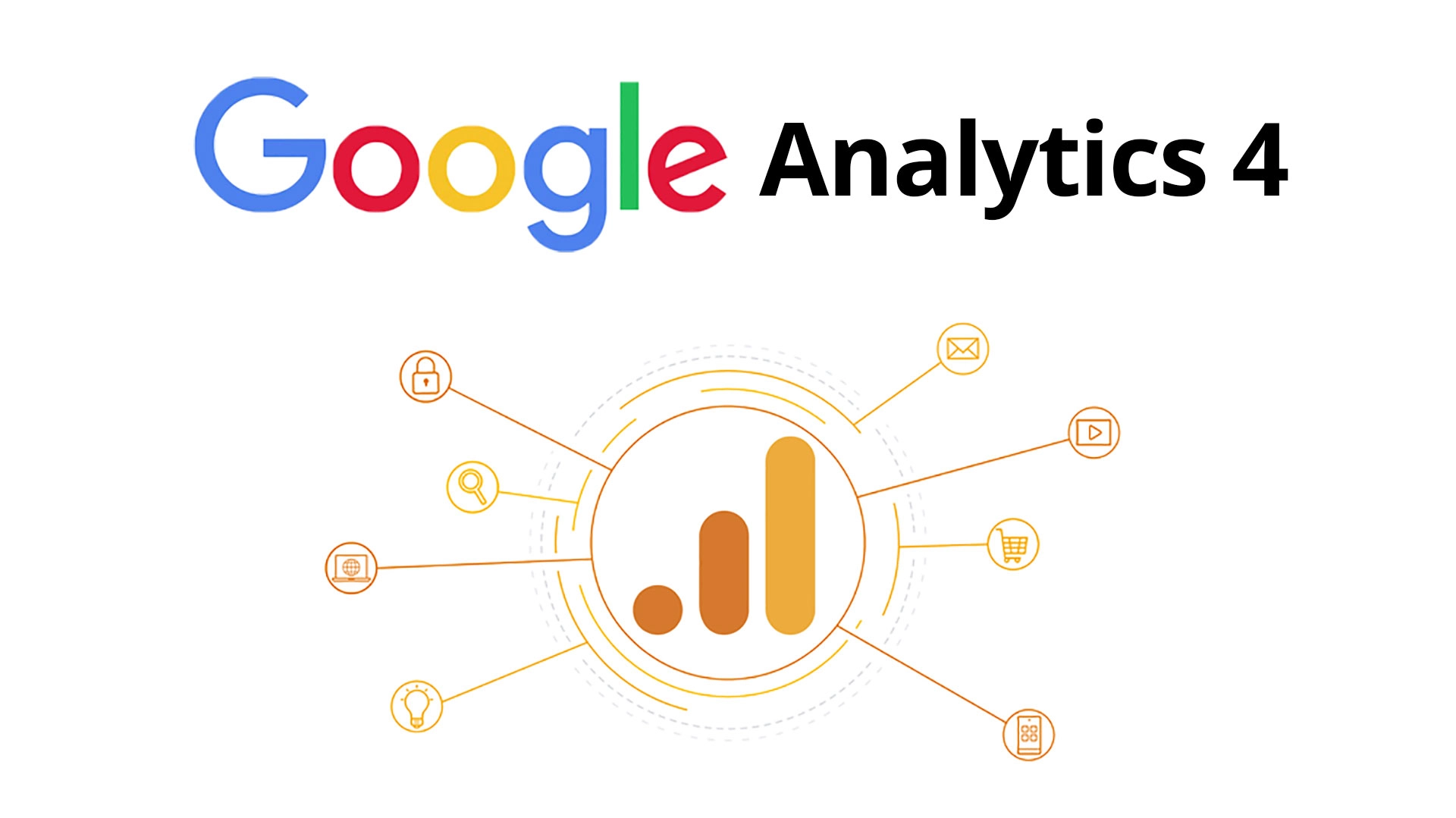 Logotip Google Analytics 4 z rumenim stolpičnim grafikonom v sredini in osmimi ikonami okoli, ki predstavljajo zaklep, iskanje, splet, idejo, pošto, video, nakup in mobilno napravo.