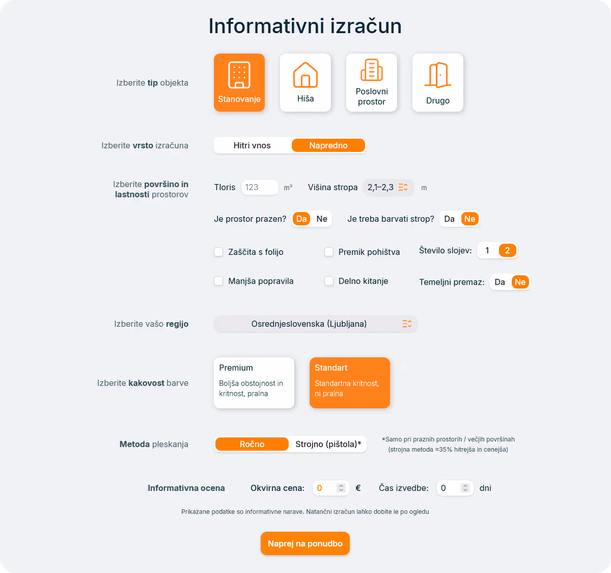 Spletni obrazec za informativni izračun barvanja sten z izbiro tipa objekta. Prikazuje napredno funkcionalnost spletne strani