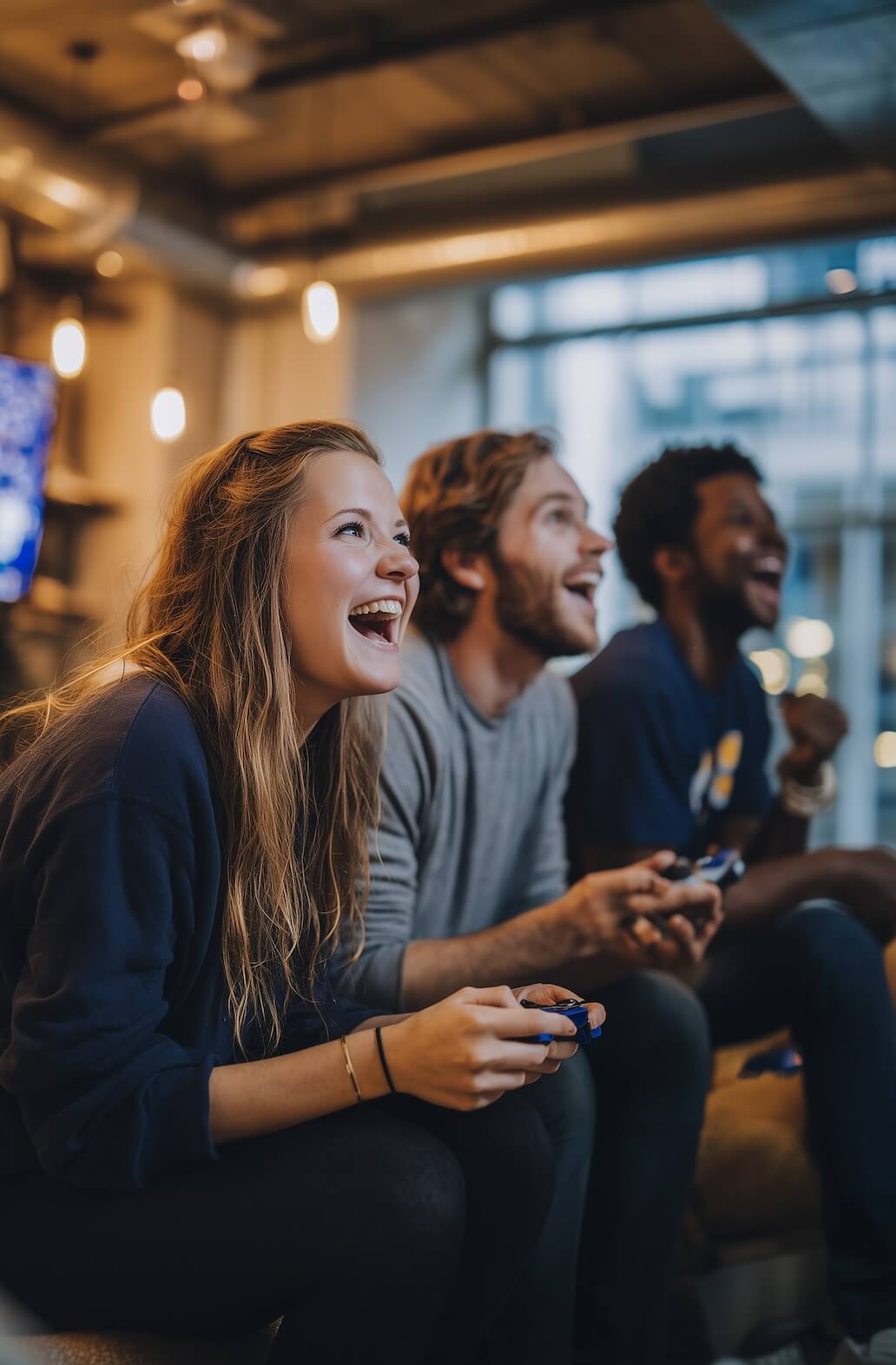 Three friends laughing and playing video games indoors, each holding a game controller.