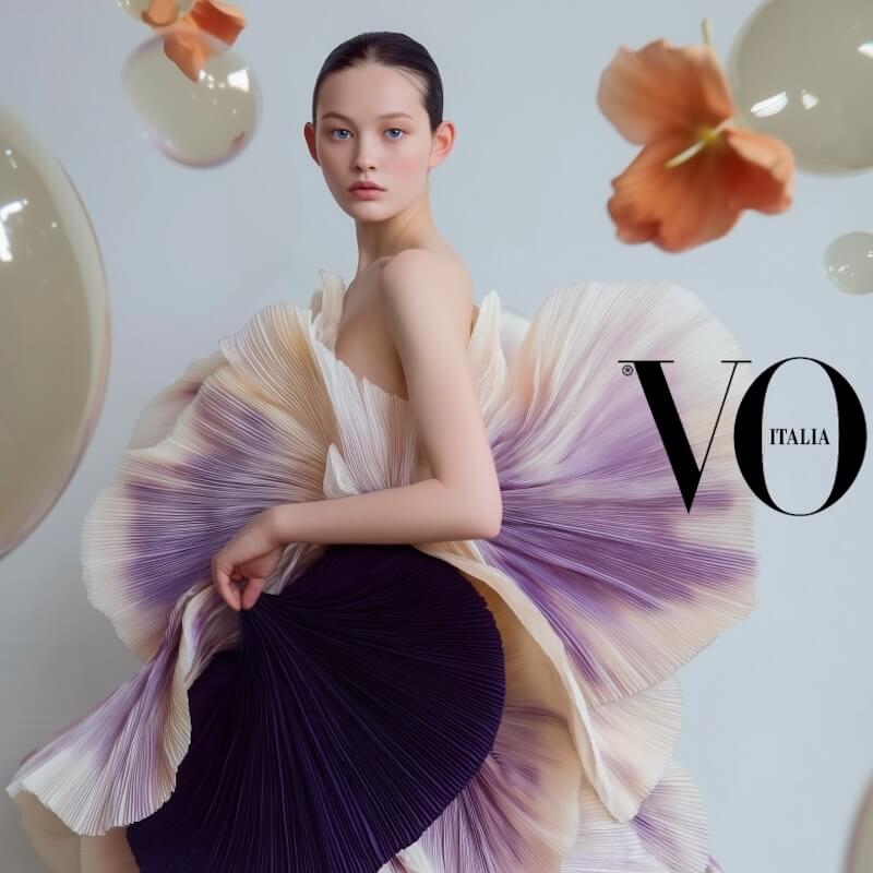 Young woman wearing an elaborate pleated dress with white, purple, and dark blue colors, posing against a light background with floating abstract shapes.