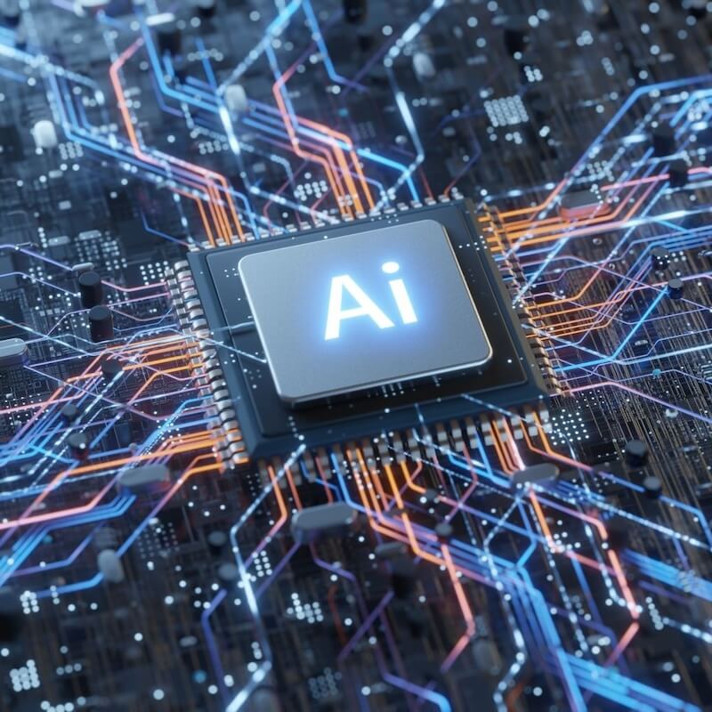 Close-up of a computer chip with glowing 'Ai' text connected by neon blue and orange circuit lines on a motherboard.