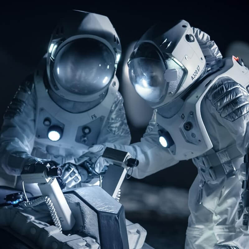 Two astronauts in white space suits operating equipment on a dark lunar-like surface.