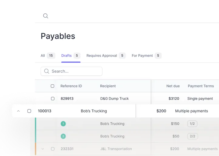 User interface showing a Payables section with tabs for All, Drafts, Requires Approval, and For Payment, listing payment details including Reference ID, Recipient, Net Due, and Payment Terms.
