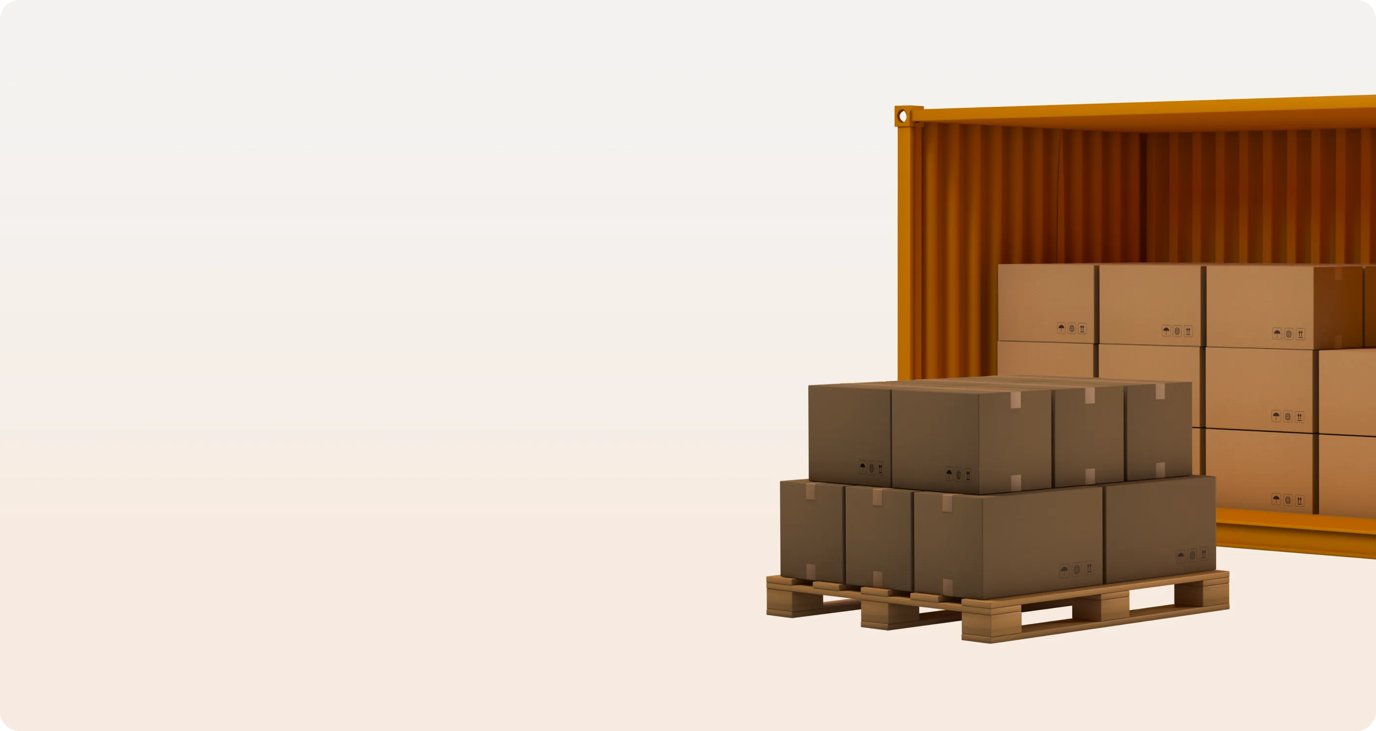 Stacked cardboard boxes on a wooden pallet in front of an open orange shipping container filled with more boxes.