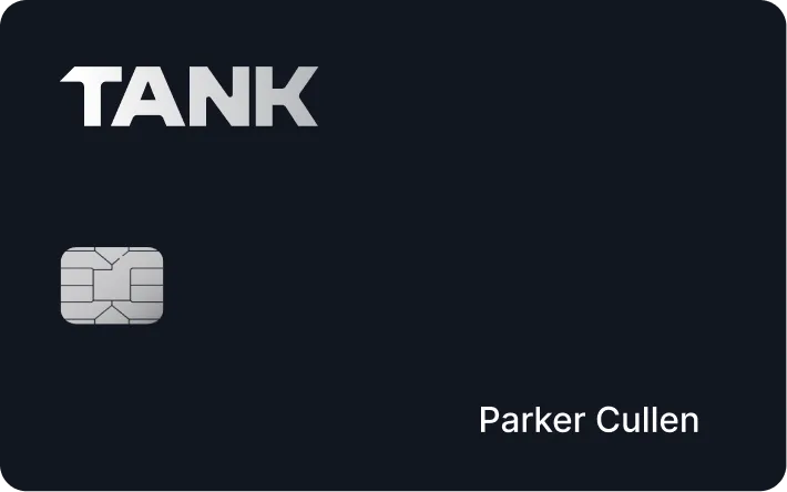 Dark blue credit card with 'TANK' logo, chip, and name Parker Cullen.