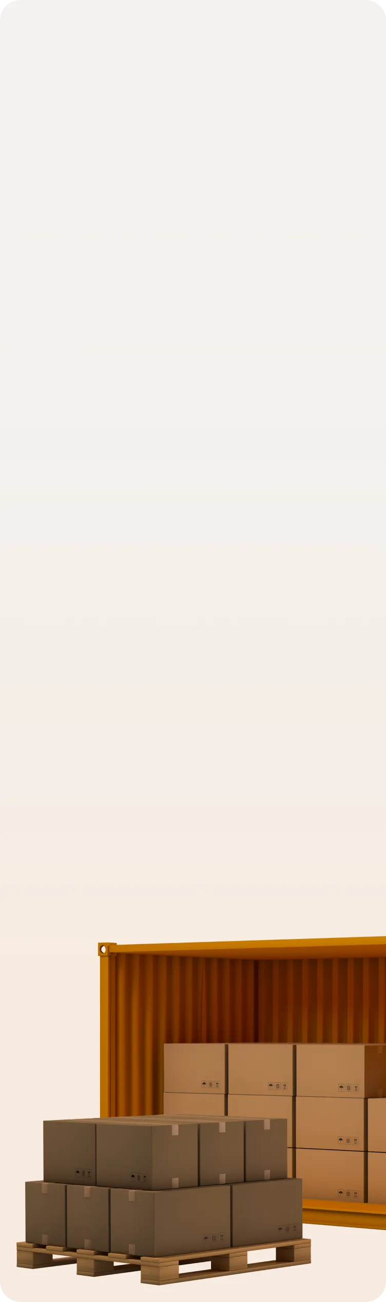 Stacked cardboard boxes on wooden pallets in front of an open orange shipping container.