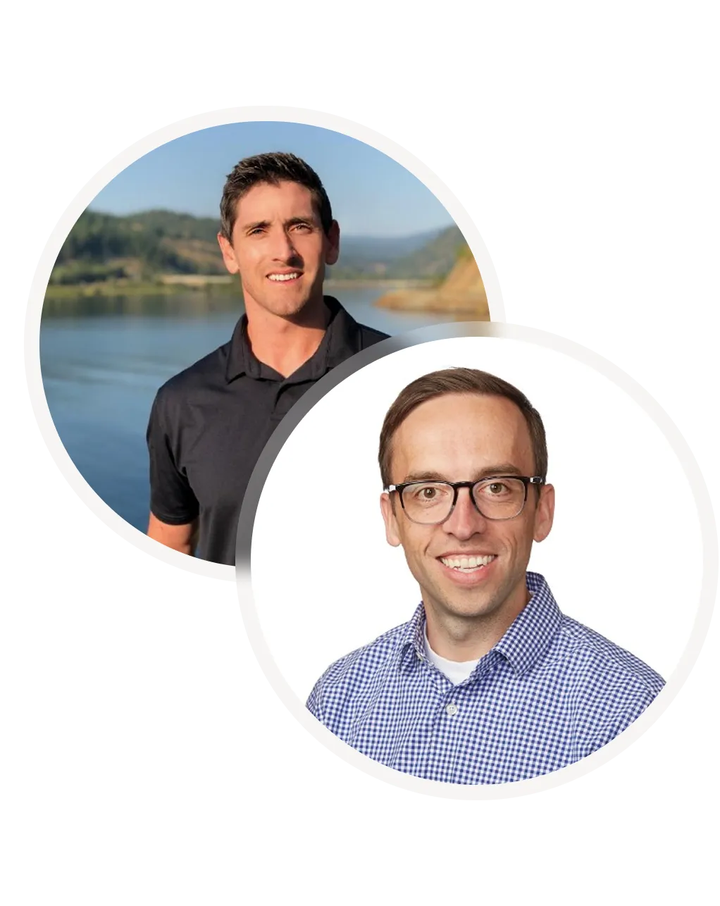 Two smiling men in circular frames, one wearing a black polo outdoors near water, the other wearing glasses and a checkered shirt on a white background.