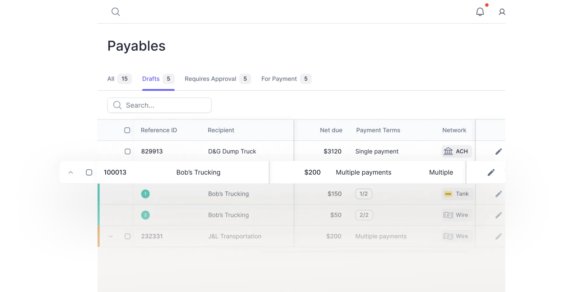 Payables dashboard showing invoices with reference IDs, recipients, net due amounts, payment terms, and payment networks, highlighting drafts tab.