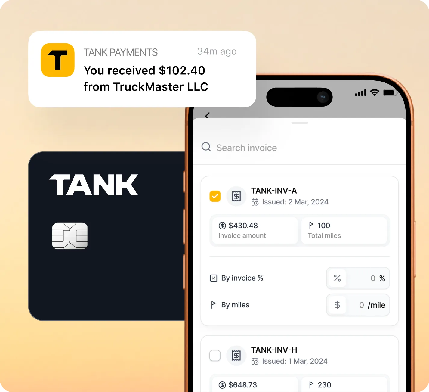 Smartphone screen showing an invoicing app with invoice details for TANK, and a notification stating receipt of $102.40 from TruckMaster LLC.