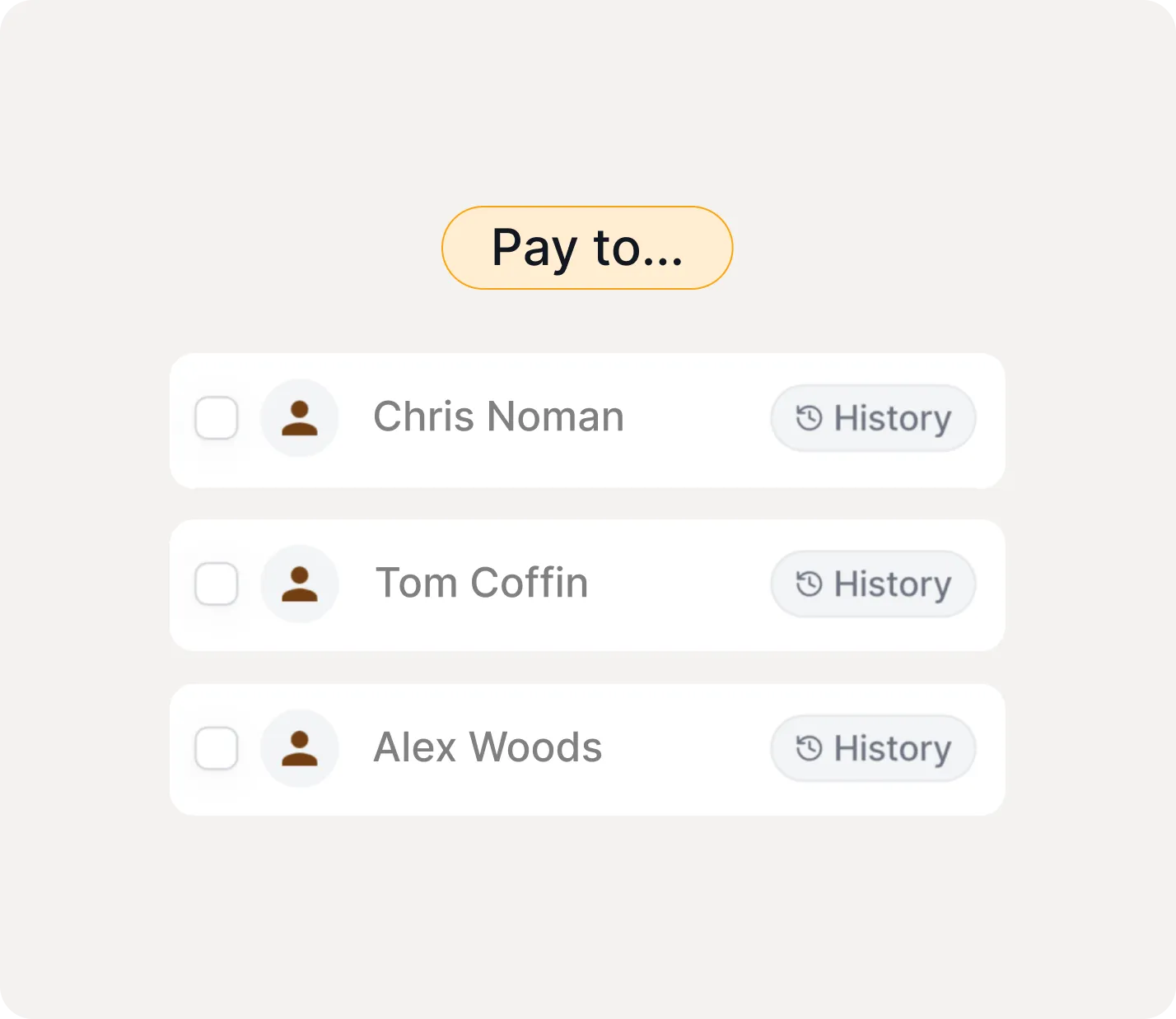 User interface showing a Pay to selection with three contacts: Chris Noman, Tom Coffin, and Alex Woods, each with a checkbox and a History button.